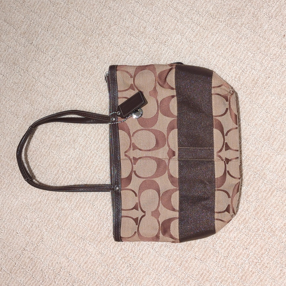 Signature Brown/Khaki Stripe Shoulder Tote Bag